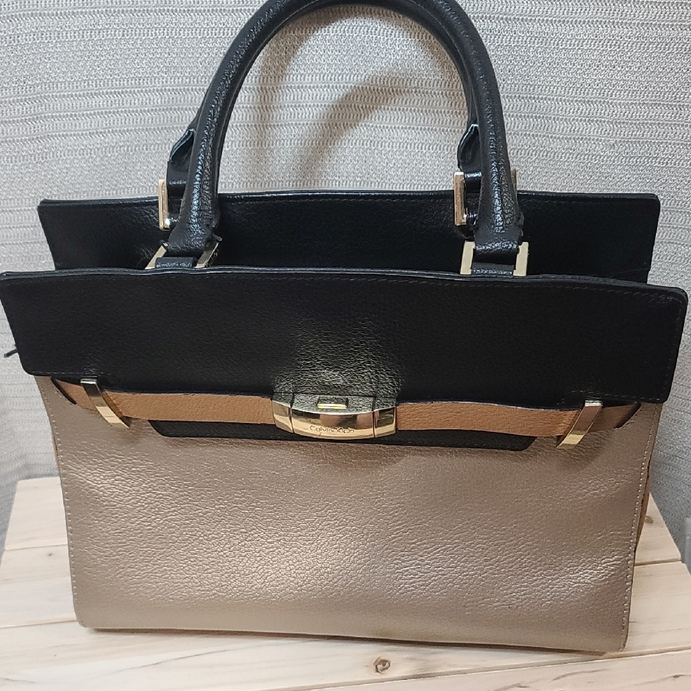 Calvin Klein Black & Golden Tan Satchel w Structured Gold Buckle Accents EUC - Picture 11 of 11